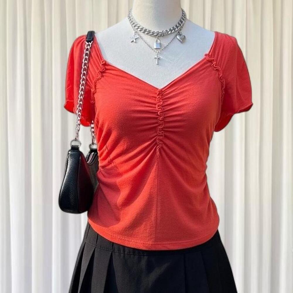 Red ruched top with ruffle